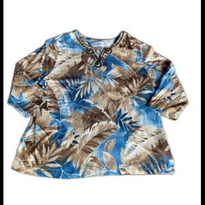 Alfred Dunner Blouse Size Large 95% Cotton Distressed Look Beaded V Neck Floral